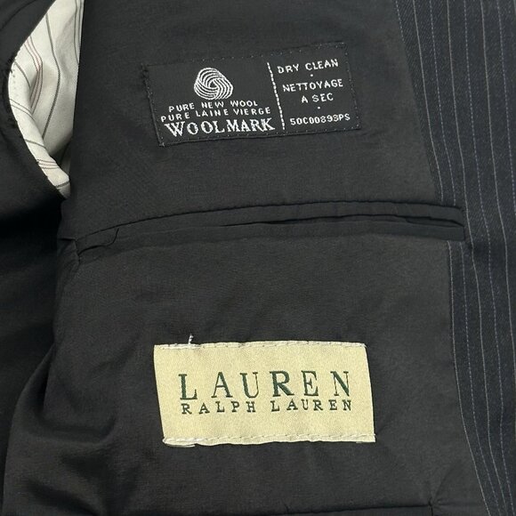 Lauren Ralph Lauren Size 46R Black Wool Pinstripe Single Breasted Suit Jacket - Picture 6 of 11